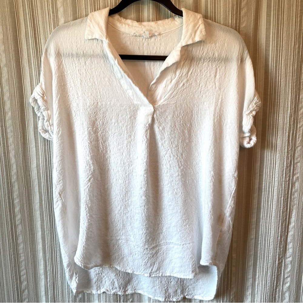 White Short-Sleeve Collared V-Neck Blouse